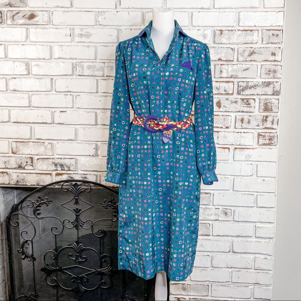 Vintage 80s Long Sleeve Button Shirt Dress in Teal by Schrader Sport Petites 8